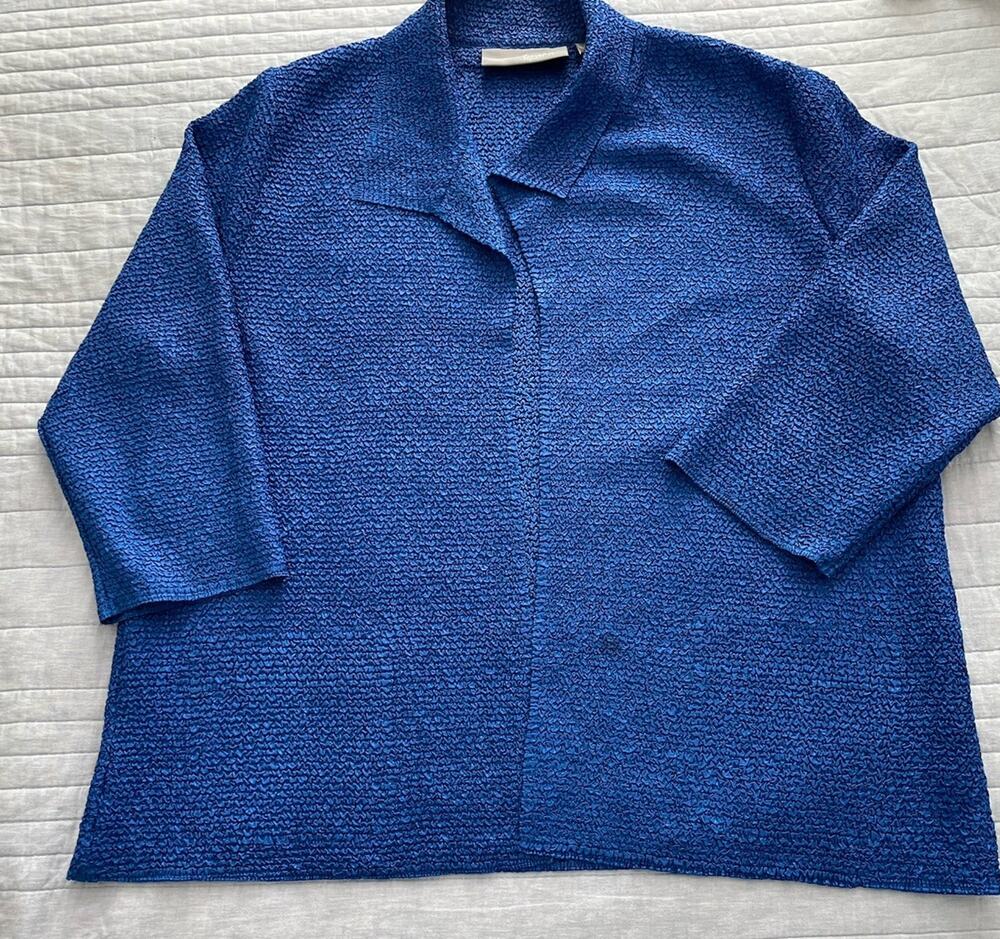 Chico's Travelers Collection Blue Crinkle Crepe Open Jacket Sz 3 XL Textured F0